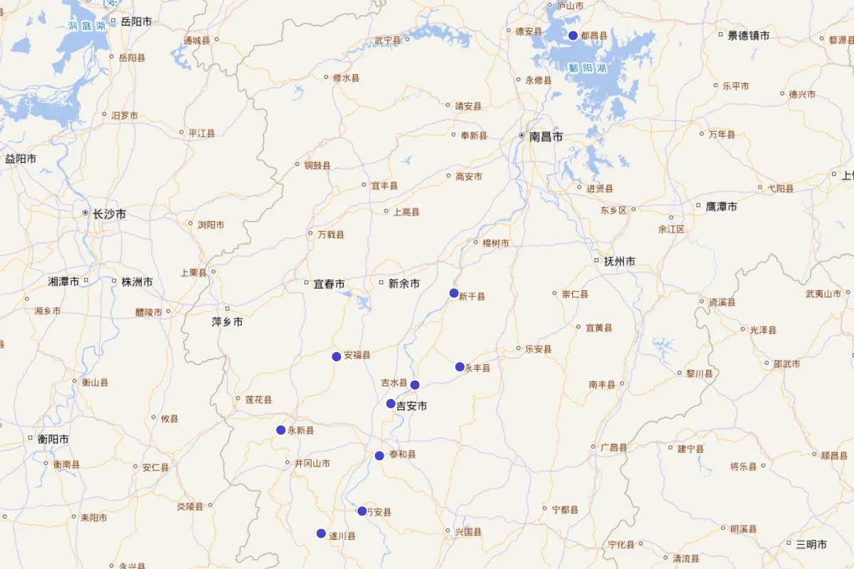 《吉安人物》所载宋代吉安名人籍贯分布图