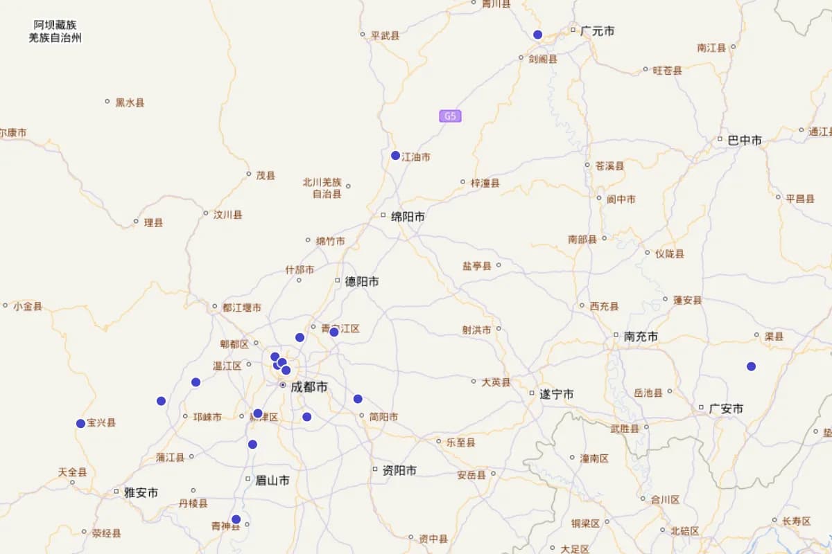 《四川文物志》“魏晋南北朝墓葬、隋唐五代墓葬”分布图（古遗址、古墓葬卷第六、七章）