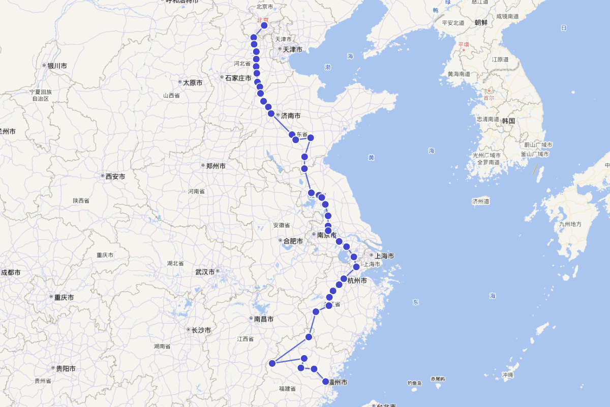 费延厘《使闽日记》赴闽路线图（1879）