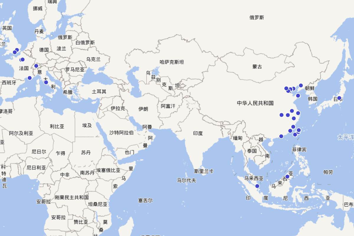 严复行迹分布密度图（1854-1921）