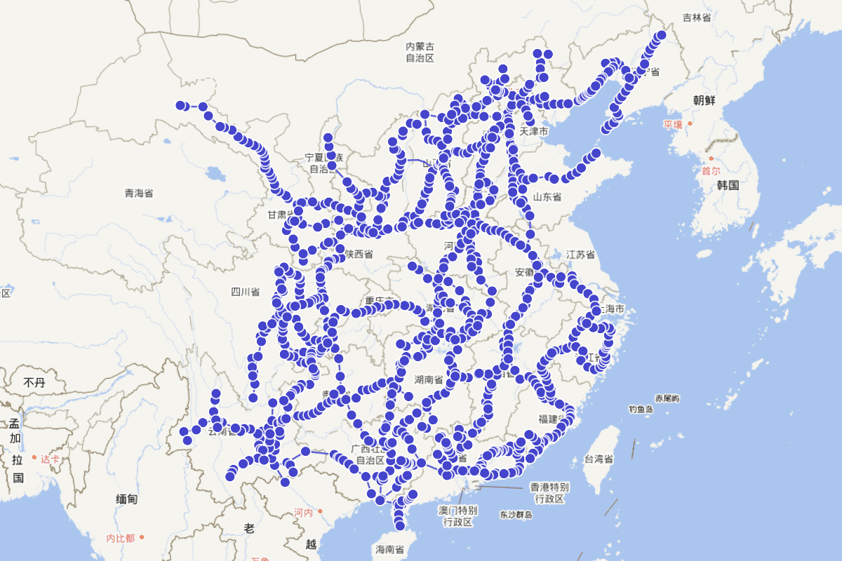 明代驿站路线图（来源：哈佛WorldMap)
