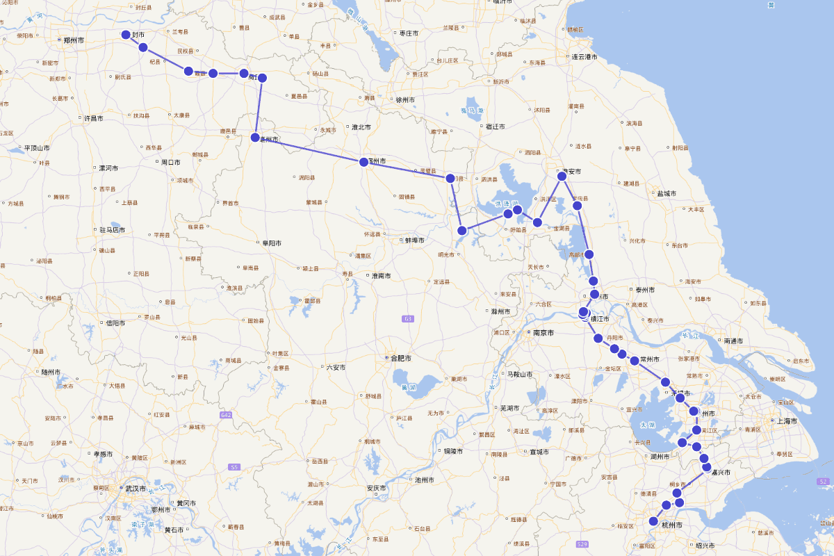 北宋日本僧成寻（1011～1081）从杭州出发至汴京的路线图