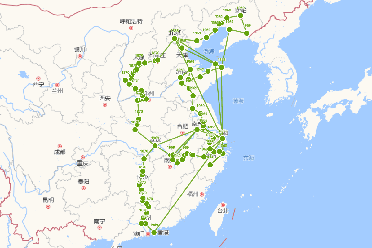 李希霍芬在中国第一次旅行行迹图（1868-1870）