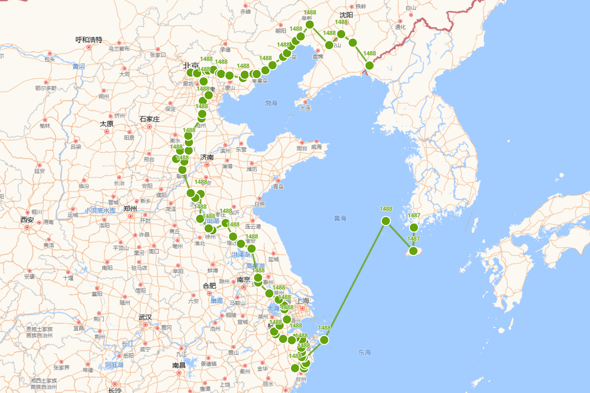 崔溥（1454－1504）《漂海录》路线图