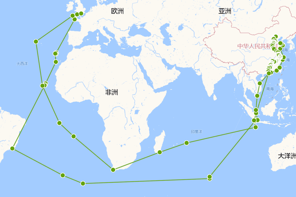1792-1794英国马戛尔尼使团访华行迹图