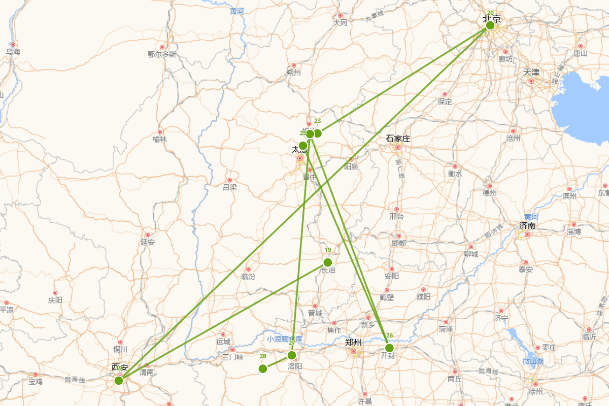 元好问南渡前及三乡时期行迹图（1208-1217）