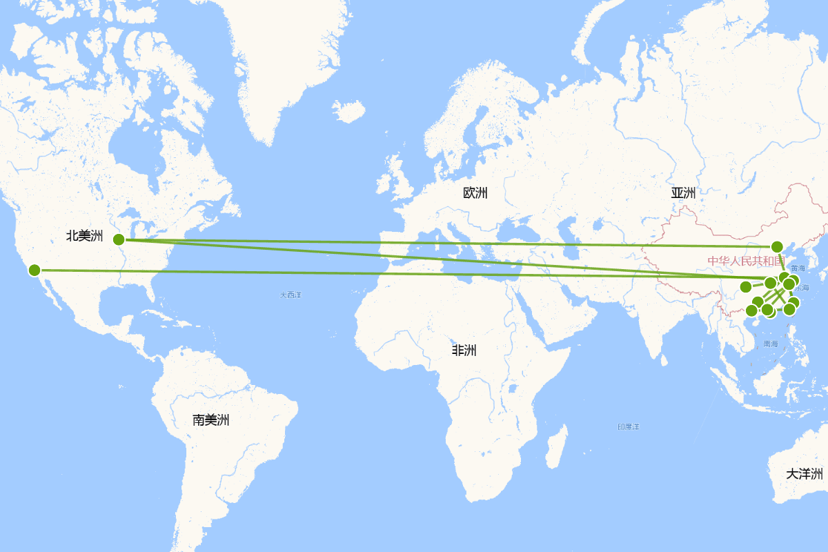 白先勇行迹密度图（1937—  ）