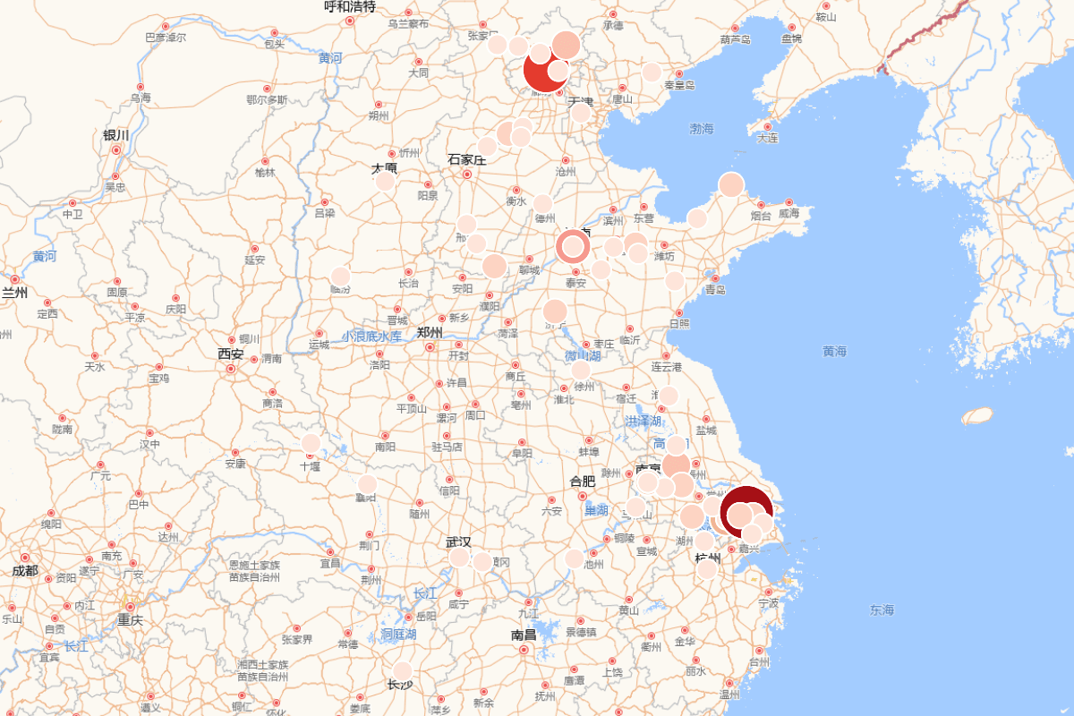 王世贞行迹密度分布图（1526-1590）