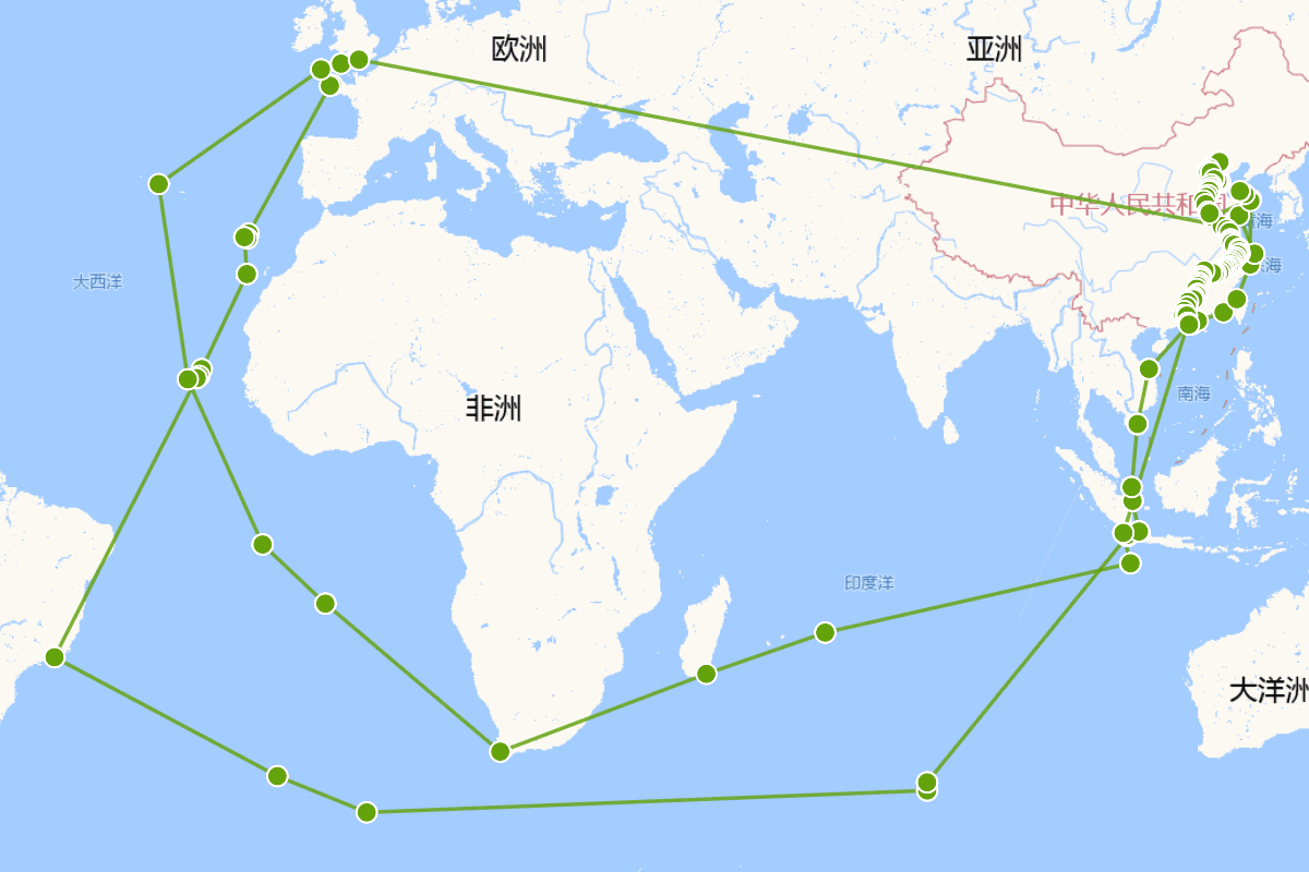 1792-1794英国马戛尔尼使团访华行迹图