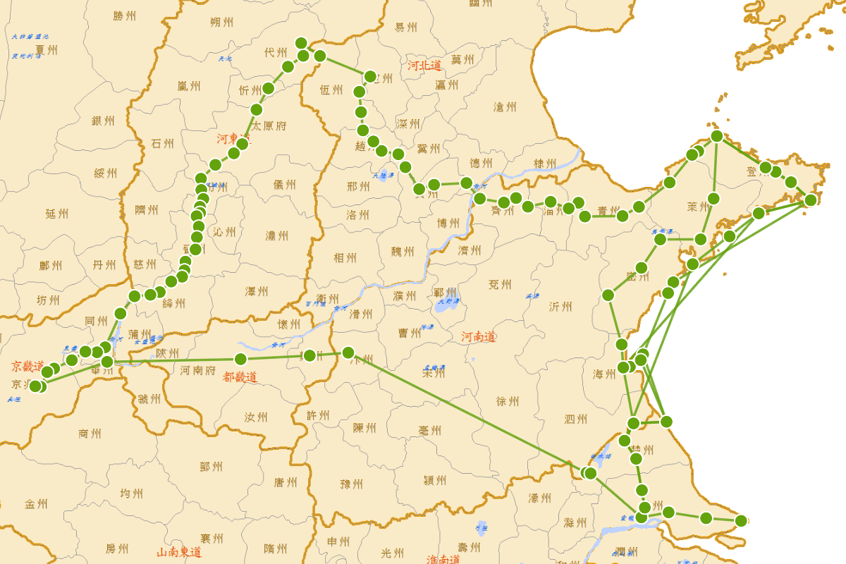 日本僧圆仁《入唐求法巡礼行记》唐境路线图